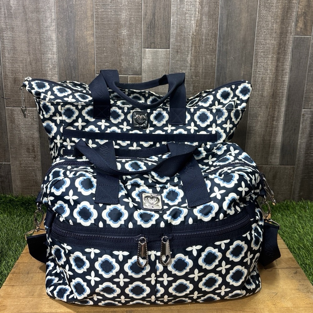 Brighton Interlok Jet Setter Travel Duffel Bag & Matching Tote Navy White 2016